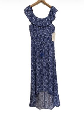 Kingston Grey Blue Paisley Hi Low Maxi Dress Ruffle Off Shoulder Size L NWT